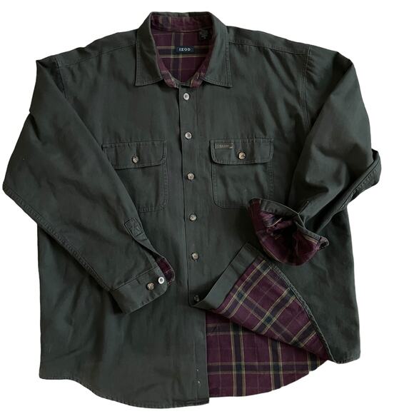 Vintage IZOD Men’s XL Button Down Long Sleeve Shirt Shacket Green Flannel Lining - Picture 1 of 12